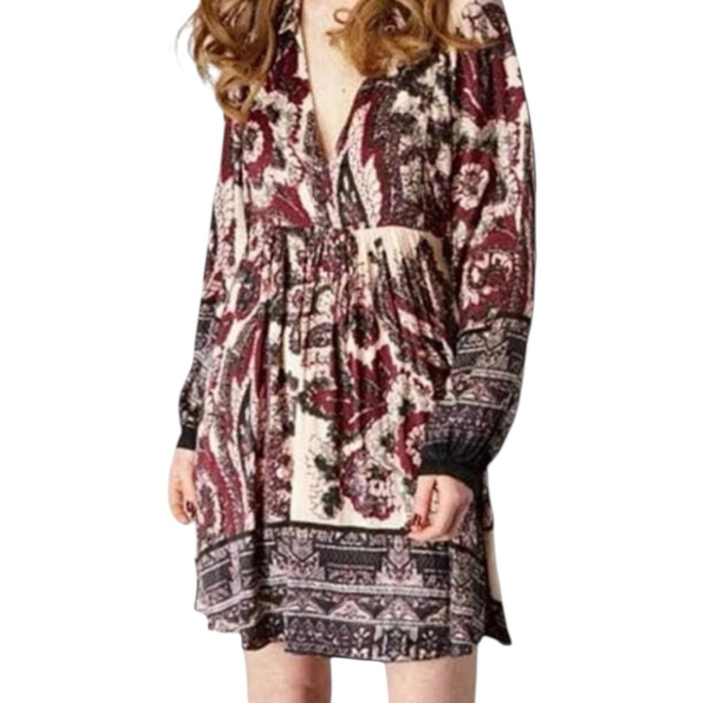 Free People Say You Love Me long-sleeve dress in burgundy and ivory SZ S - Picture 4 of 9